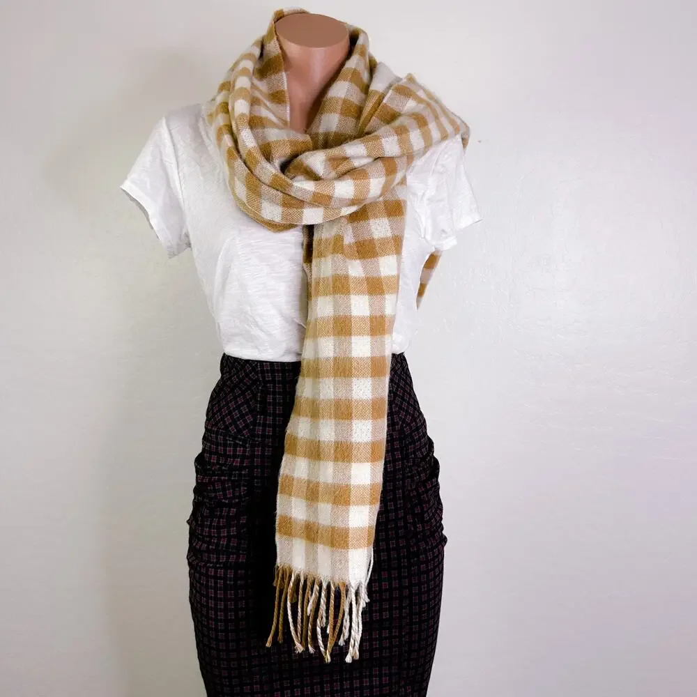 Topshop Cute Fringe Reversible Two Sided Gingham Plaid Scarf Tan Beige White NEW